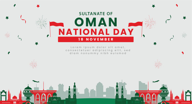 Art & Illustration Oman National Day Banner with Skyline and Fireworks &ndash; 18 November Celebration Graphic