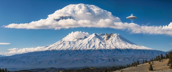 Breathtaking view of Mount Shasta in California with a Lemurian spaceship hovering above the mountain