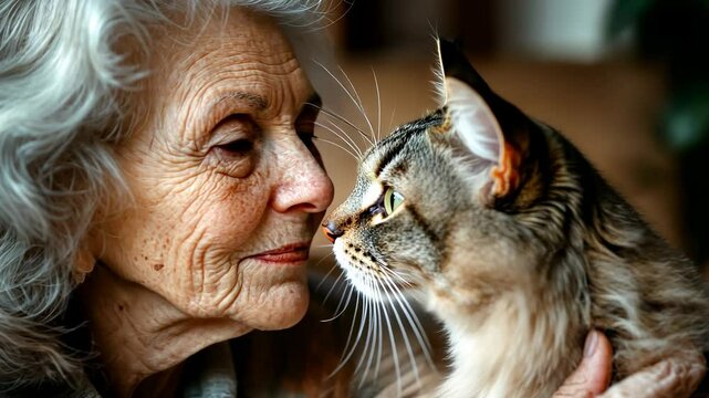 Elderly Woman Looking At Her Cat With Love, feline, pet, animal, domestic, mammal