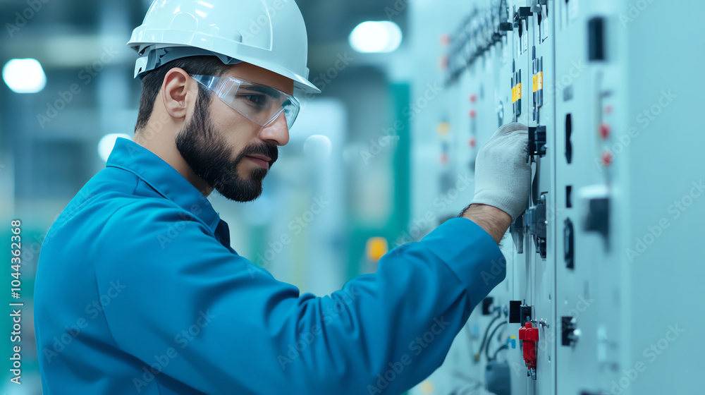 Wall mural a focused technician adjusting electrical controls in a modern industrial facility, wearing safety g