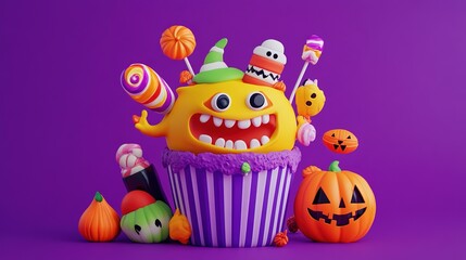 Naklejka premium Halloween-themed icon design featuring a cute candy monster crafted with a clay material in a vibrant color palette. This whimsical character is designed to evoke joy and delight, 