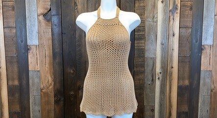 Beige crochet knit sundress with halter neckline and open back display on aesthethic wood wall background