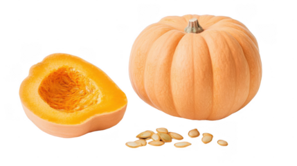 Whole and halved pumpkin with seeds on black background