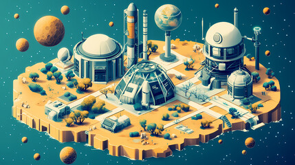 Futuristic isometric mars colonization with biological terraforming and astronautics technology. Terraforming Colony. Illustration