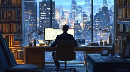 Man Working in a Modern Office with a City View