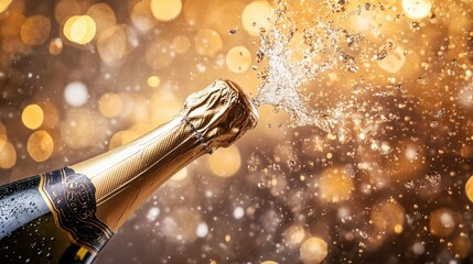 A champagne bottle being popped open, with the cork flying and bubbles spilling out, set against a sparkling background to celebrate New Year's Eve.
