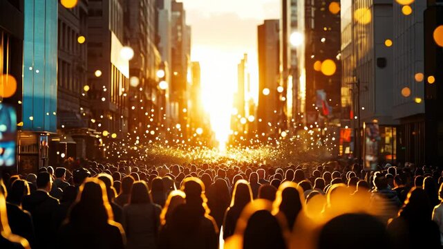 Crowd Walking Towards The Sunset In A City Street, people, cityscape, urban, avenue, buildings