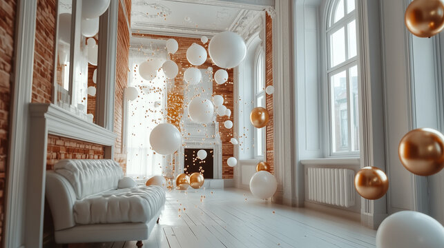 interior of a room, hotel, white ballom, celebration decoraion