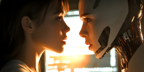 Formal face-to-face contact between humans and AI robots, mobile wallpaper, computer wallpaper, background