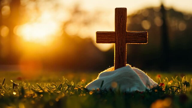 Wooden Cross at Sunset, golden hour, light, sky, clouds, horizon - Powered by Adobe