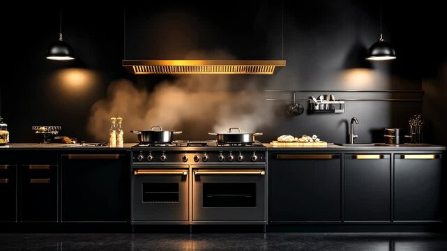 Modern Black Kitchen with Gold Accents, gold kitchen, modern kitchen, luxury kitchen, kitchen design, kitchen interior