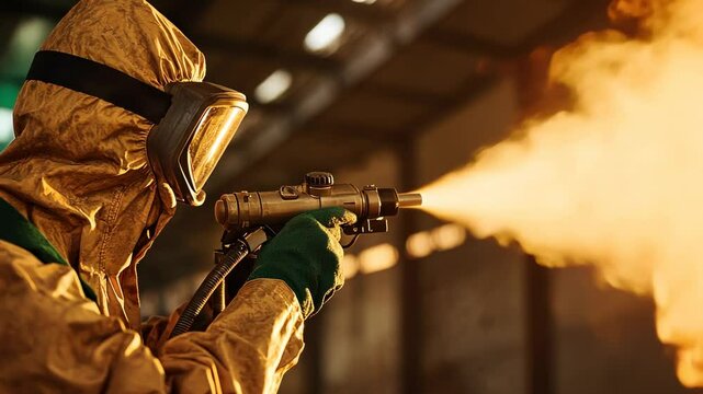 Industrial Worker Using a Spray Gun, safety, worker safety, safety gear, protective gear, hazmat