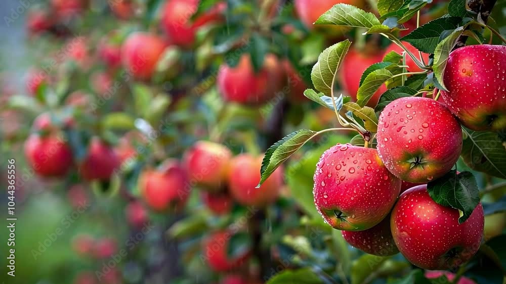 Poster this fresh apples hang from the branches, sparkling with morning dew in the orchard.