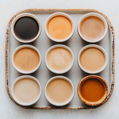 A tray featuring various cups of coffee in different shades and styles.