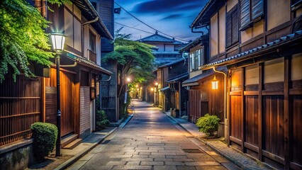 Fototapeta premium Quiet street in residential Kyoto neighborhood at night