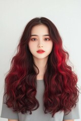 Naklejka premium Wavy Long Brown Hair with Red Ombre Highlights in a Soft Style, Portrait of a Woman