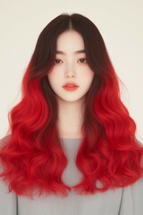 Naklejka premium Wavy Long Brown Hair with Red Ombre Highlights in a Soft Style, Portrait of a Woman