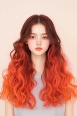 Naklejka premium Wavy Long Brown Hair with Red Ombre Highlights in a Soft Style, Portrait of a Woman