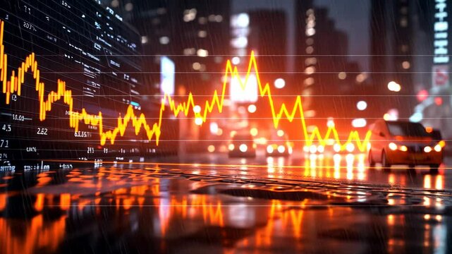 Stock Market Graph Over Night Cityscape, stock exchange, financial market, trading, investment, economy - Powered by Adobe