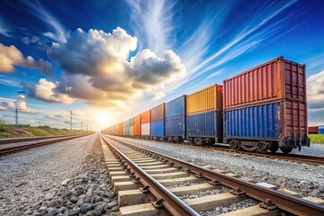Fototapeta premium Railway track with string of container trains against sky blue and clouds background, low angle view