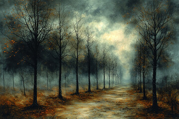 Obraz premium dark, moody forest scene with shadowy trees lining misty path creates eerie atmosphere. interplay of light and shadow enhances mysterious feel of landscape