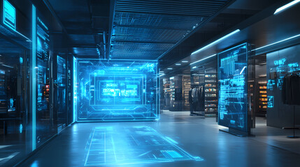 Futuristic digital interface with blue holographic display in modern retail store interior. Holographic Interface. Illustration