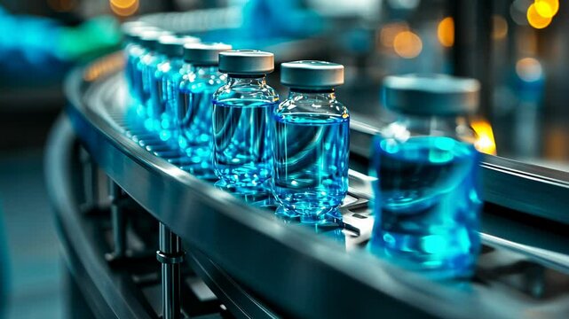 Pharmaceutical Production Line with Blue Liquid Vials, medicine, vaccine, drug, industry, factory