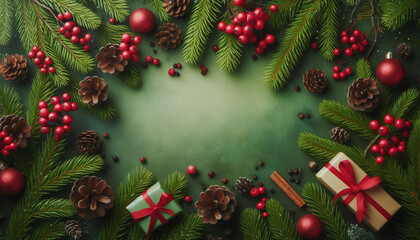 A green christmas background with pine cones and red berries on the branches. Generative AI.