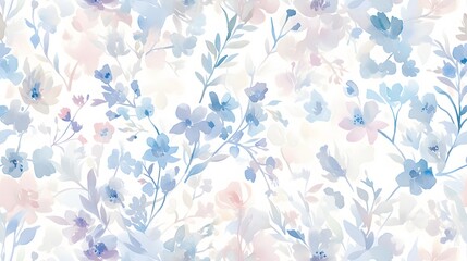 Delicate floral patterns in soft watercolor shades of blush pink and light blue, arranged in an intricate yet simple design perfect for a stylish wallpaper.