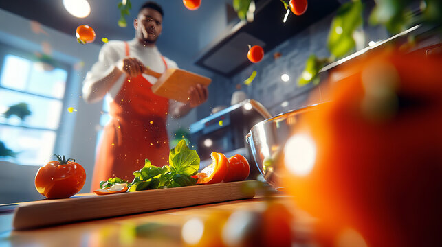 Chef banner cooking masterpiece, culinary action, cutting board, ingredients flying, lively kitchen ambiance in image background