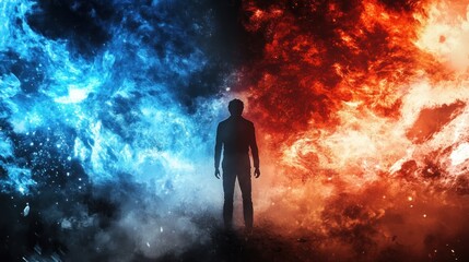 A silhouette stands between contrasting blue and red flames, symbolizing conflict and balance.
