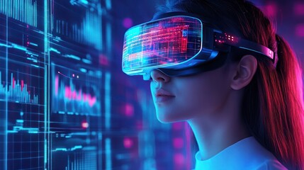 A woman wearing virtual reality goggles, immersed in a digital interface with data visuals.