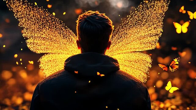 Man with glowing butterfly wings, glowing wings, magical wings, man with wings, fantasy, surreal