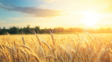 Obraz premium Breathtaking photo of a vast wheat field captured on a warm afternoon, with the sun shining brightly from the right side of the frame. The cinematic lighting creates a stunning visual effect,