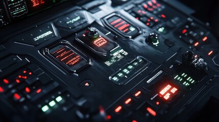 Naklejka premium A futuristic control panel with glowing buttons and screens, suggesting advanced technology.
