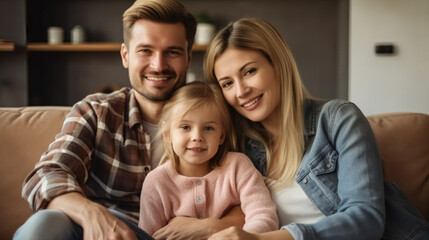 A happy family of three sitting on the sofa in their modern apartment. 