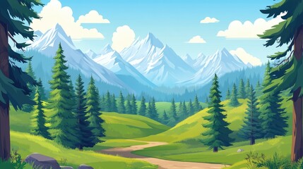 Fototapeta premium A winding path through a lush green forest with snow-capped mountains in the distance
