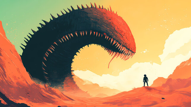Huge sand worm, giant sandworm raising up from the desert depths, little man in black. AI Overlord. Illustration