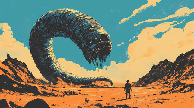 Huge sand worm, giant sandworm raising up from the desert depths, little man in black. AI Overlord. Illustration