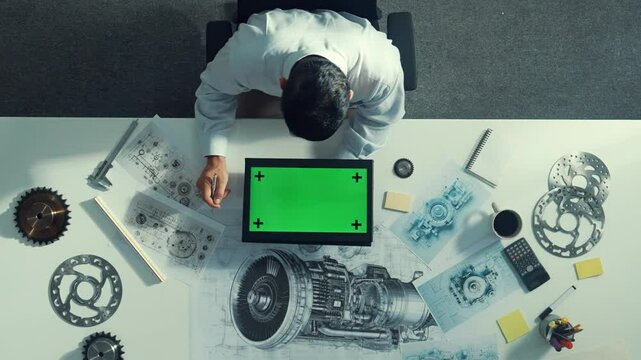 Top view of skilled engineer writing in paper while looking at tablet display green screen with turbine engine sketch design and metal gear and architectural equipment scatter around. Alimentation.