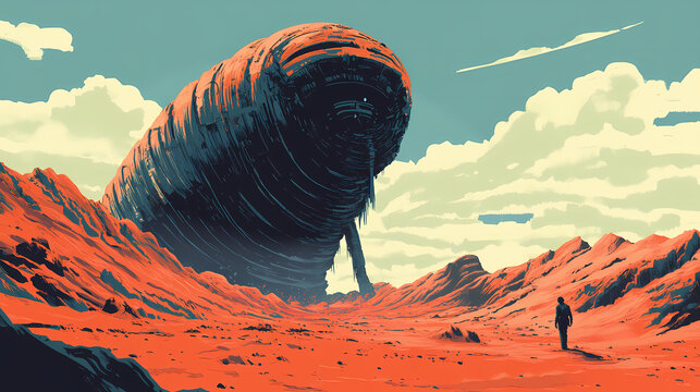 Huge sand worm, giant sandworm raising up from the desert depths, little man in black. AI Overlord. Illustration