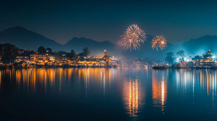 Celebrating Diwali with vibrant fireworks illuminating the night sky over a serene lake