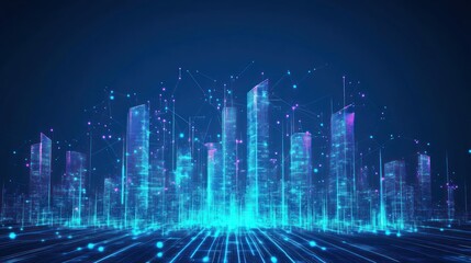 Obraz premium A digital cityscape with glowing skyscrapers and interconnected nodes, symbolizing technology.