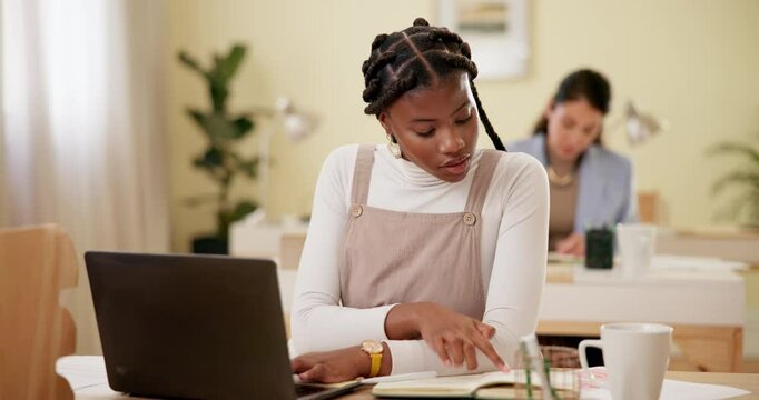 Career woman, laptop and office in coworking space with busy, notebook and company as professional. Female person, technology and job for project, research or deadline as copywriter in digital agency