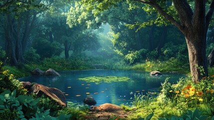 Obraz premium A Tranquil Pond Surrounded by Lush Forest