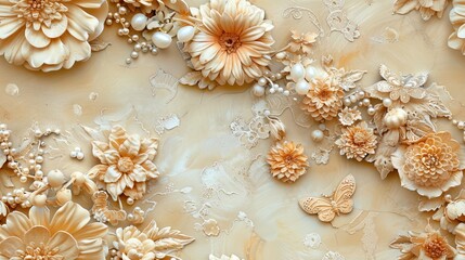 Whimsical floral fantasy featuring marigolds, chrysanthemums, and dahlias with fairies perched among petals, enhanced by tiny bows and pearls for an enchanting touch.