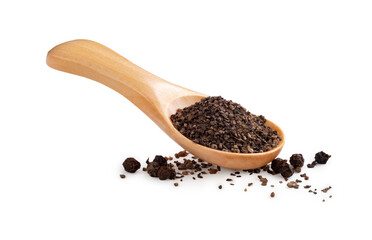 Coarse black pepper in a wooden spoon on a white background. A fragrant seasoning popular in dishes in the kitchen.