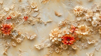 Whimsical floral fantasy featuring marigolds, chrysanthemums, and dahlias with fairies perched among petals, enhanced by tiny bows and pearls for an enchanting touch.