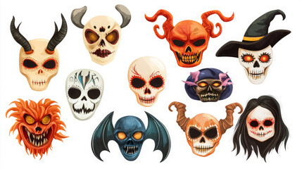 A vibrant collection of unique, artistic skulls featuring a variety of designs and colors.