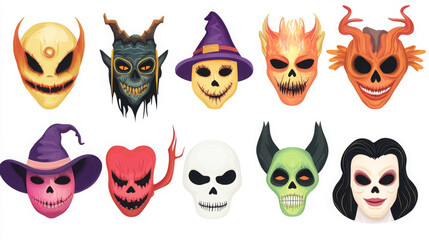 Fototapeta premium A vibrant collection of Halloween-themed masks showcasing various eerie designs.